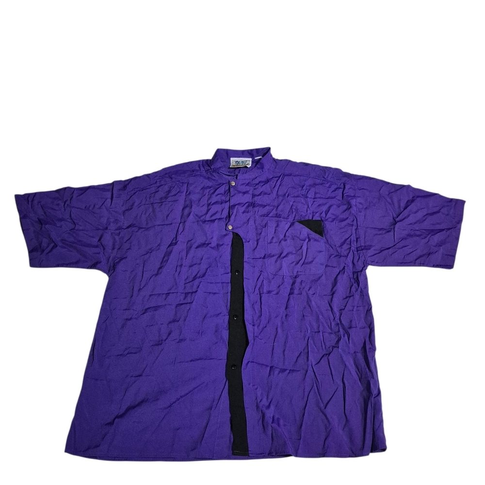 Vintage Henri Valdise Button Up Shirt Large Short Sleeve Purple Abstact